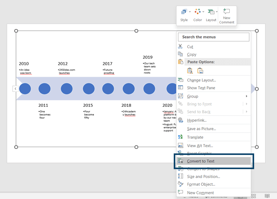 insert a timeline in powerpoint, text of a timeline