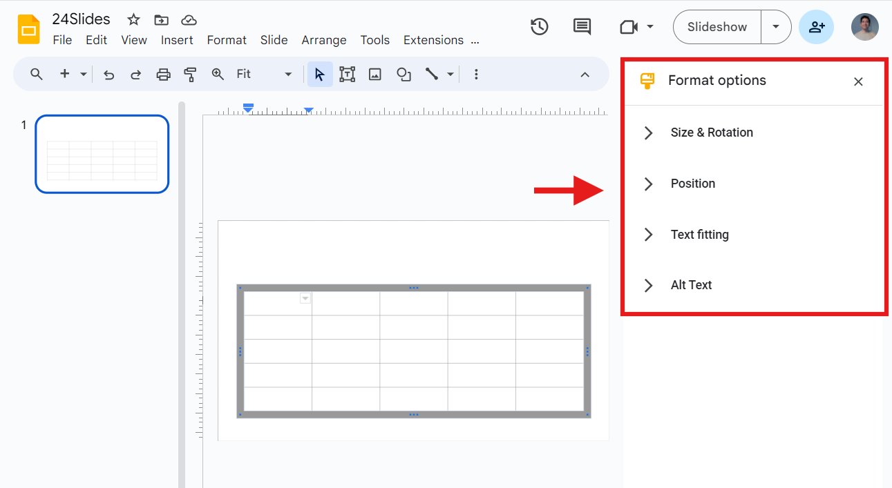 Formatting a table in Google Slides