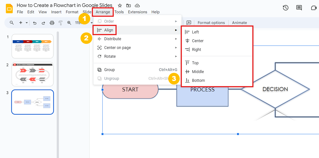 Arrange Menu in Google Slides