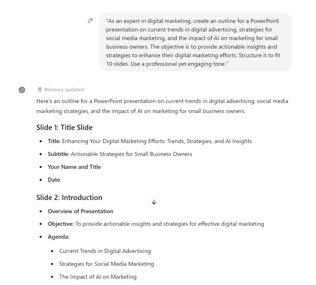 Chatgpt output for a digital marketing presentation