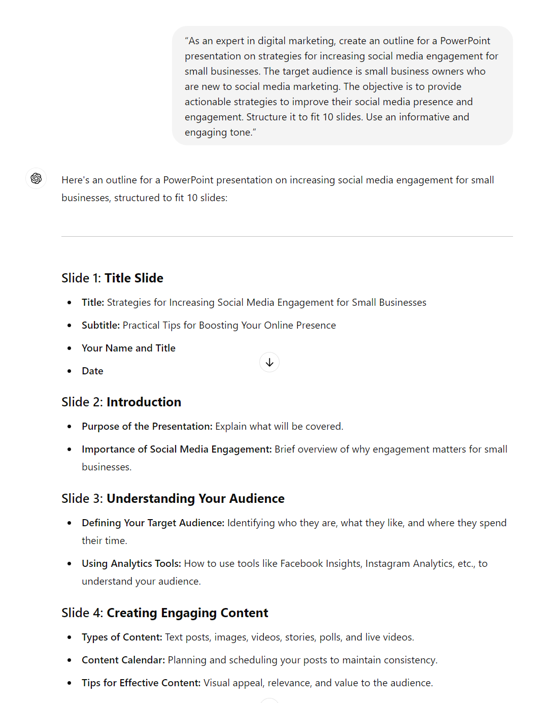 ChatGPT's output for a PowerPoint presentation