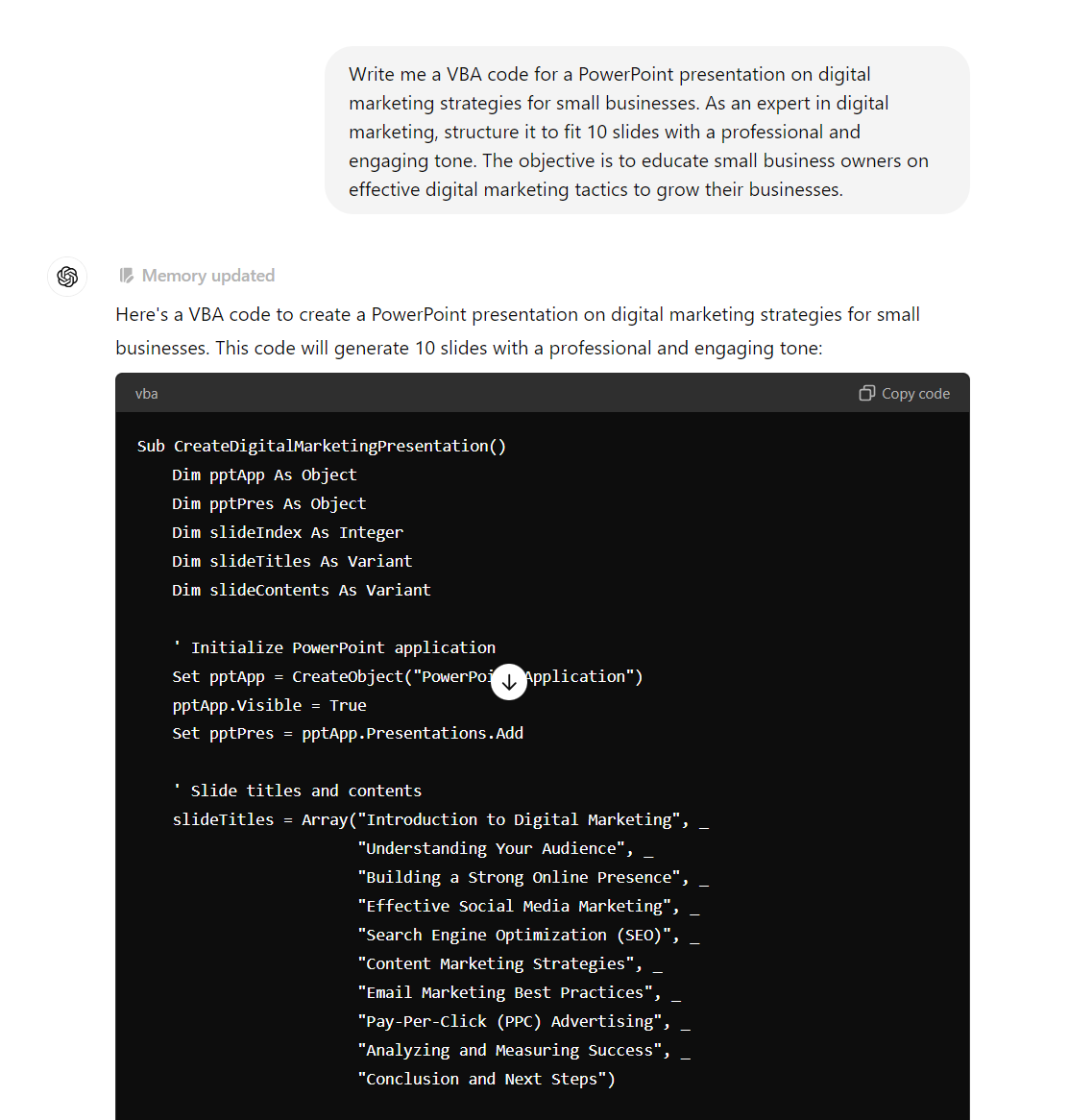 VBA Code for a PowerPoint presentation on Digital Marketing