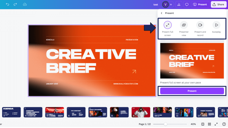 How to enter presentation mode in Canva