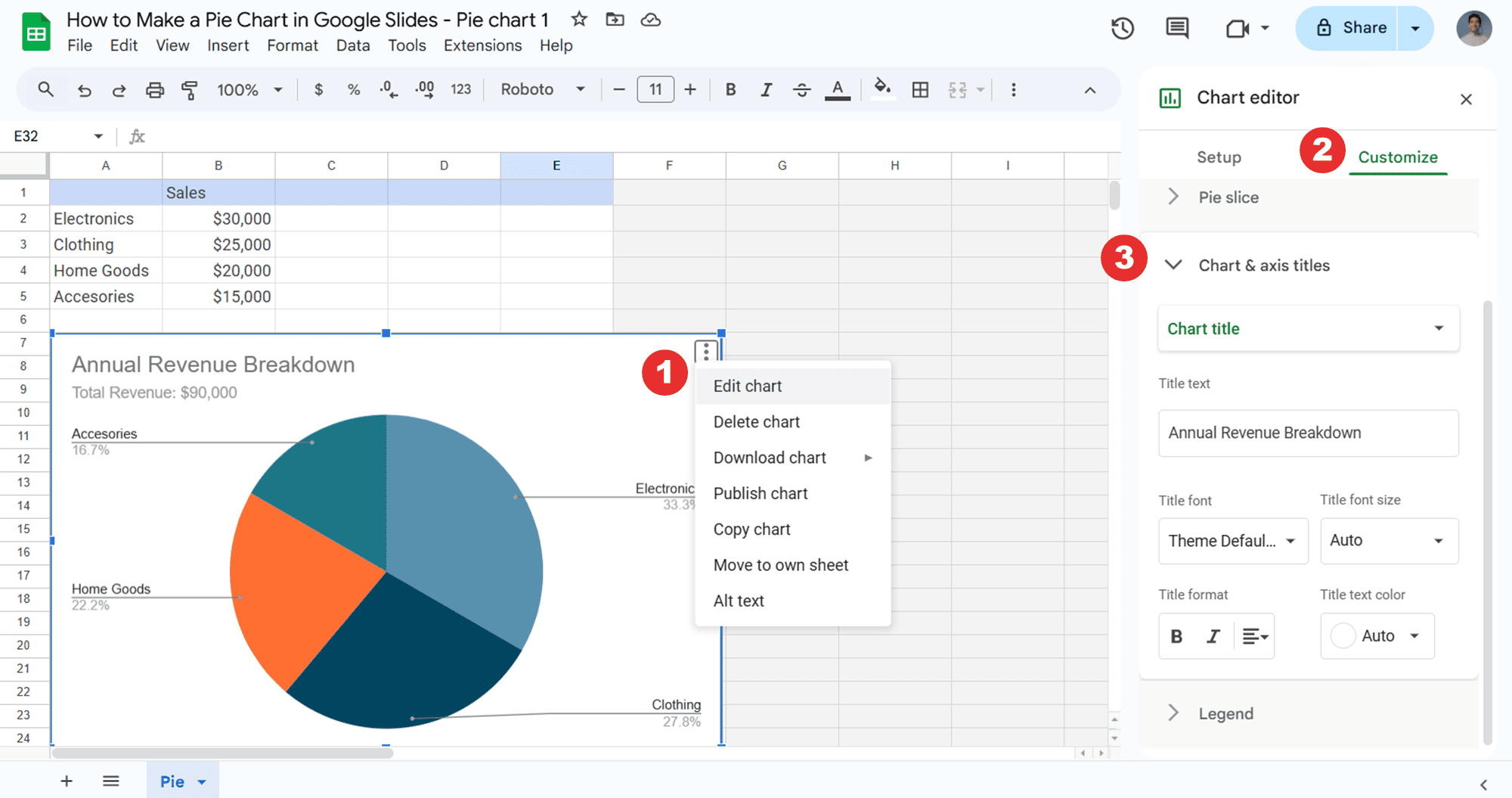 How to add titles to a Google Slides pie chart