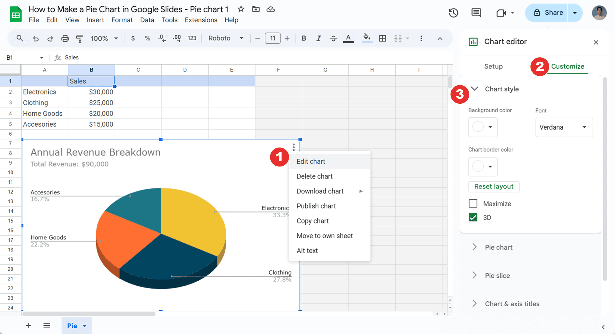 How to change the style of a Google Slides pie chart