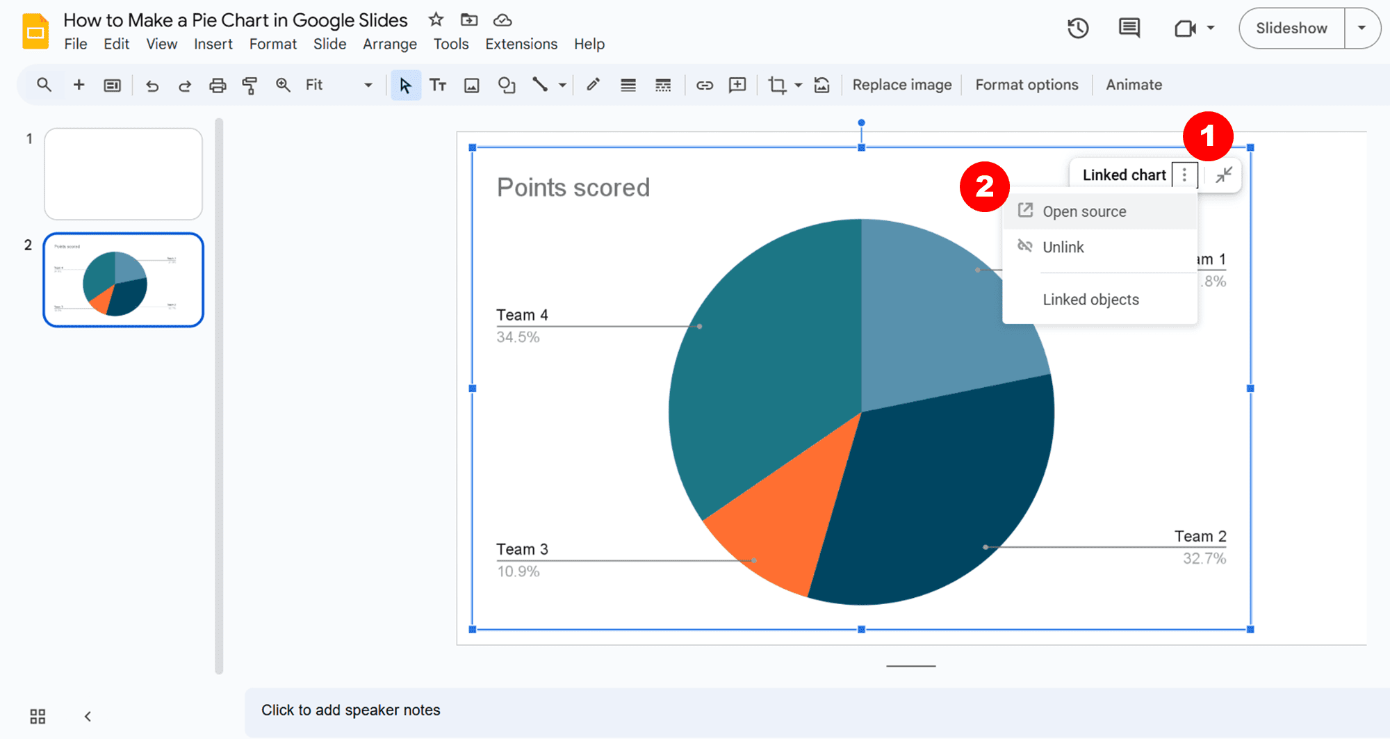 Adding data to a Google Slides pie chart