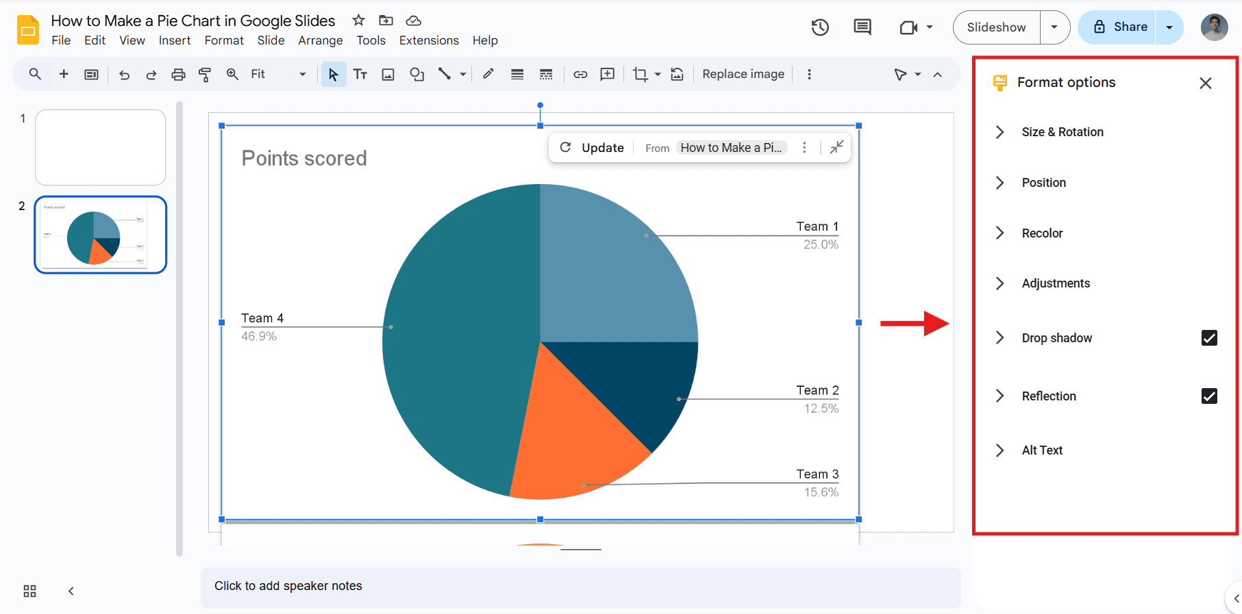 How to edit a pie chart in Google Slides