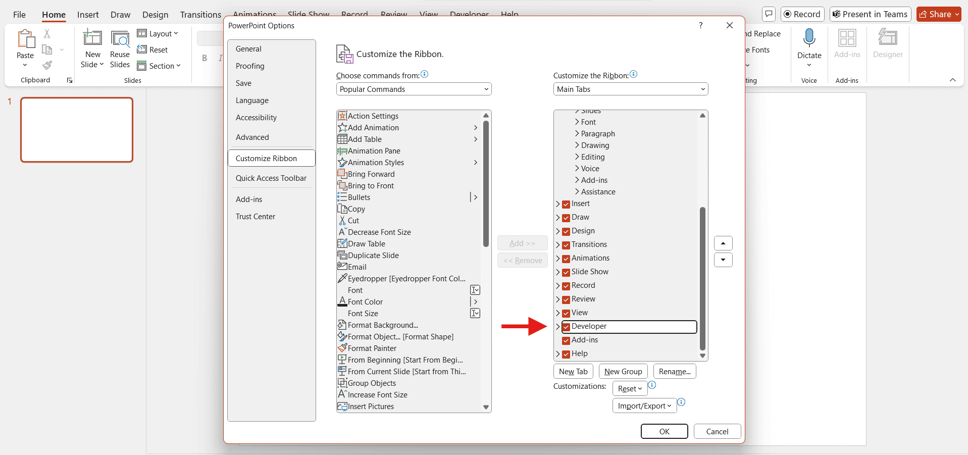 Enabling the developer tab in ppt