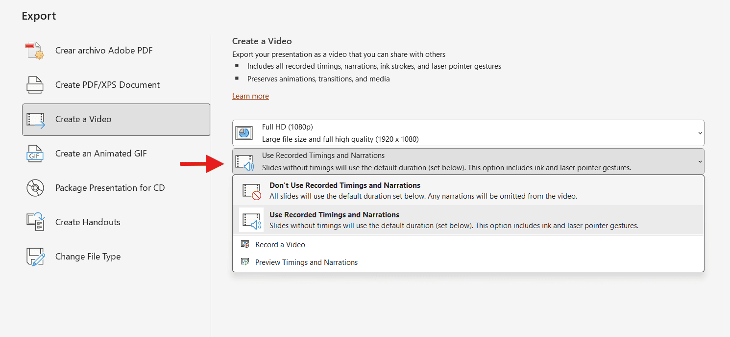 How to enable recorded timings and narrations to export a video