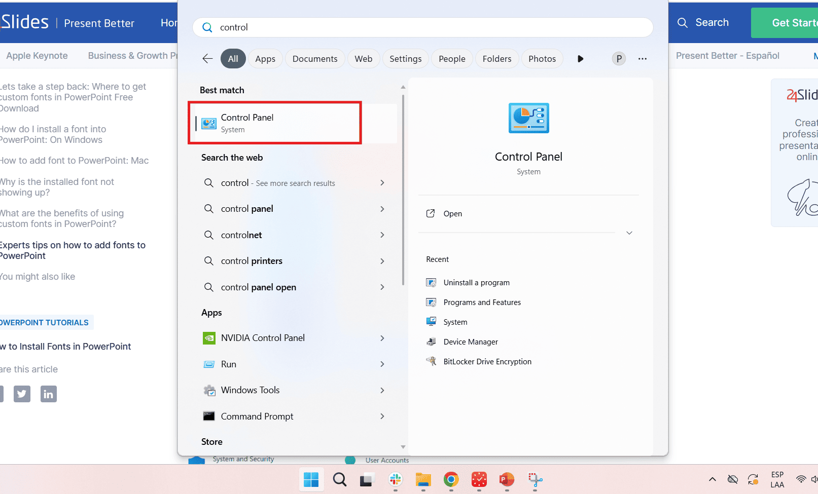 How to access the control panel in Windows 11