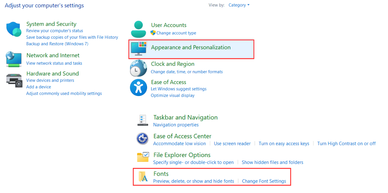 Appearance and Personalization options in windows11
