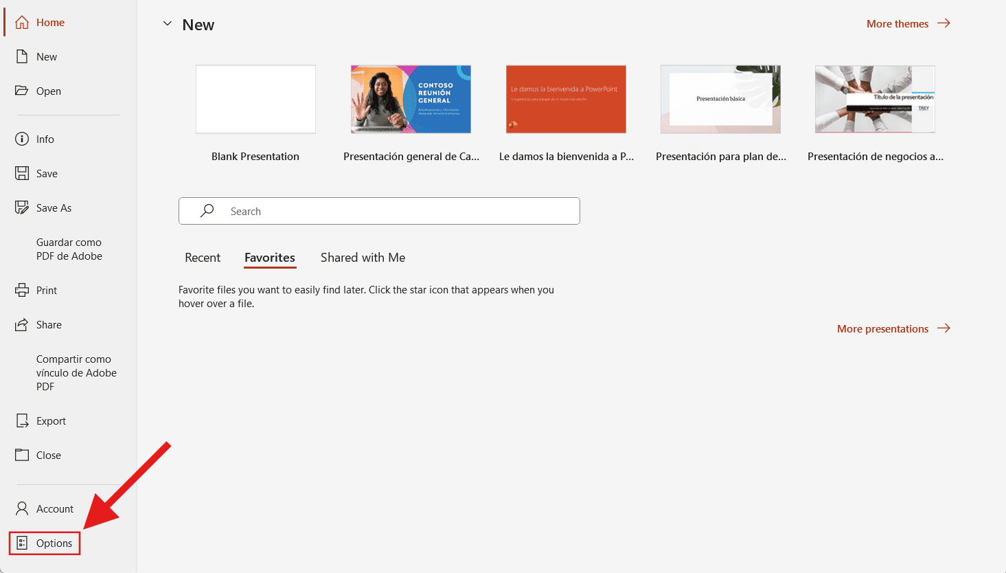 PowerPoint file options menu