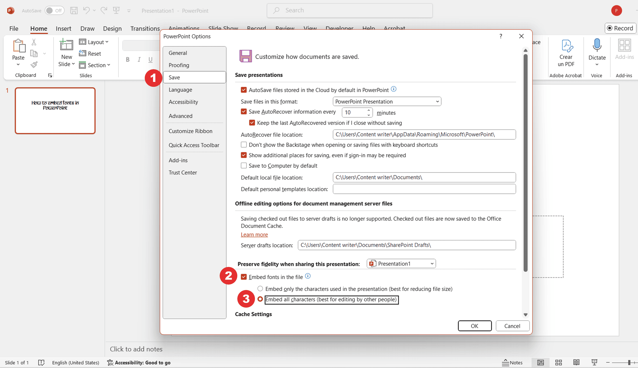 How to embed fonts in PowerPoint