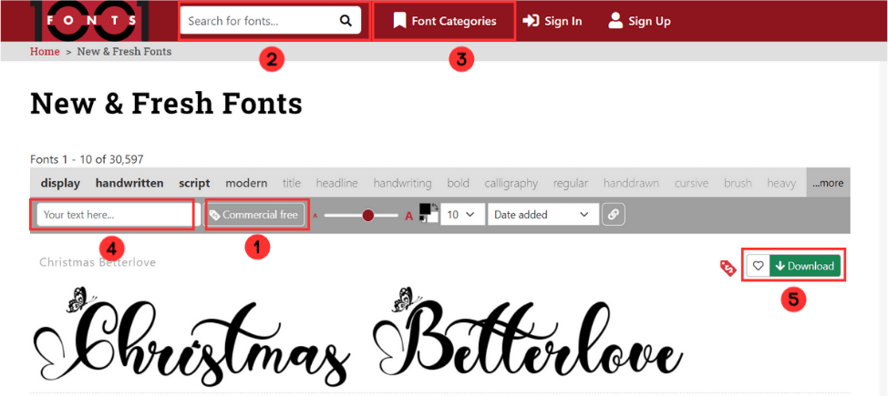 Screenshot showing how to download a font for PowerPoint with 1001 fonts.