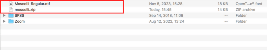 Downloaded folder displaying .ttf and .otf font files to be installed.