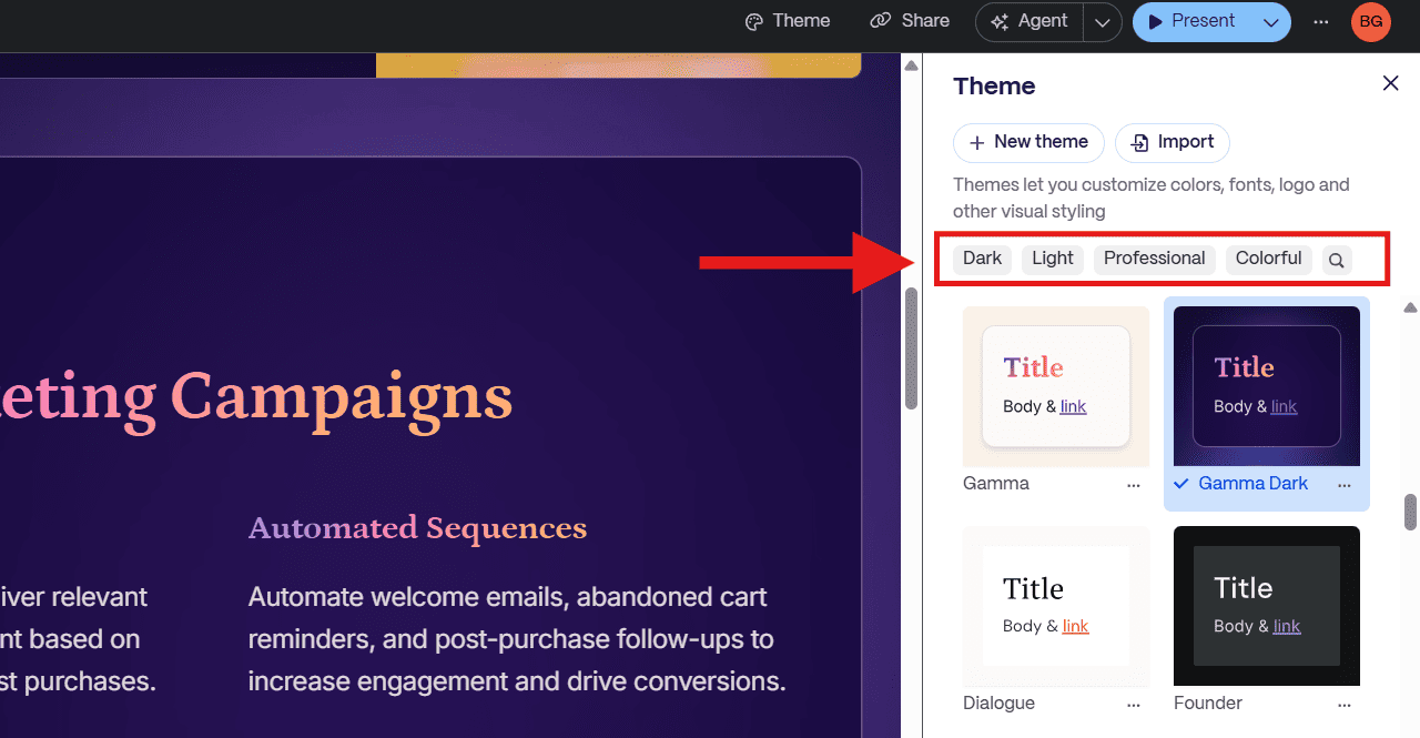 Screenshot of the Gamma AI theme selection menu, illustrating the limitation of choosing generic "vibes" instead of specific enterprise brand hex codes.