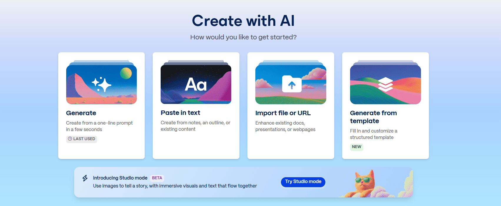 A screenshot of Gamma's 'Create with AI' starting screen, showing the four main options for users: 'Generate' from a one-line prompt, 'Paste in text,' 'Import file or URL,' and 'Generate from template.' This demonstrates the platform's focus on AI-driven productivity and multiple content creation workflows.