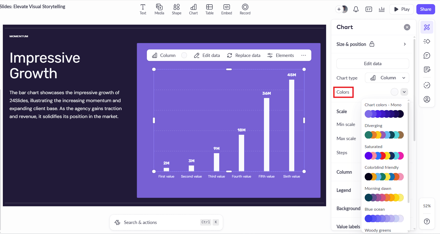 A screenshot of Pitch's chart editor, demonstrating its customization limitations. The panel shows a list of pre-set color palettes but lacks options for editing individual chart elements or adding an axis title.