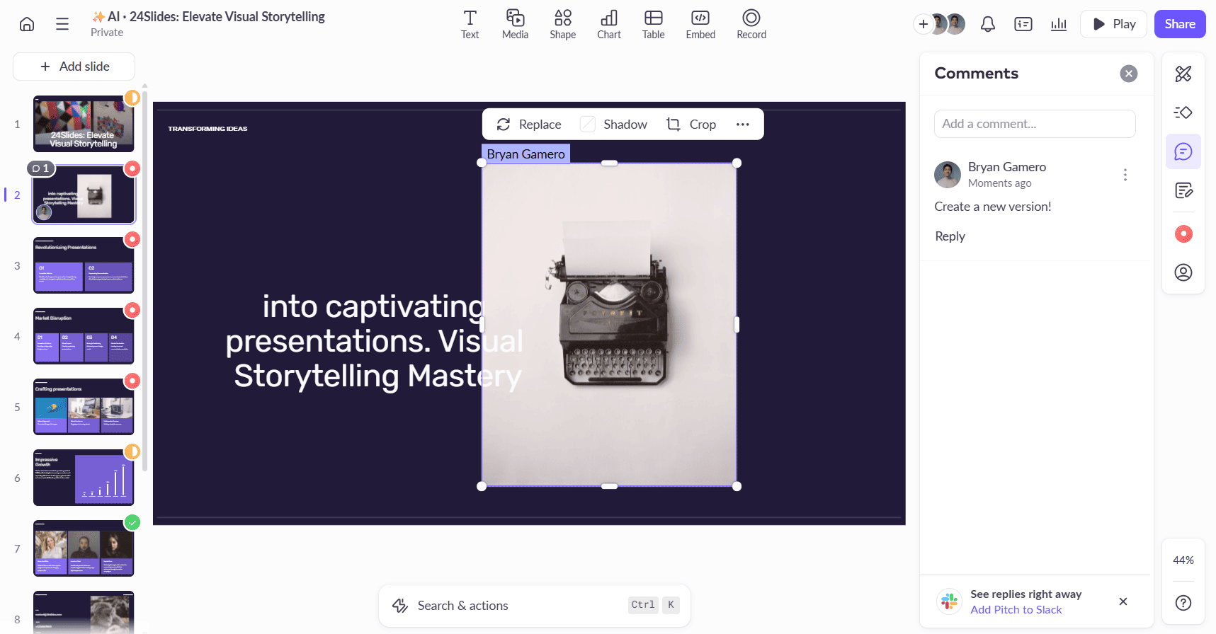 A screenshot of Pitch's user interface showcasing its collaboration features. It shows the slide sorter on the left with status indicators, and a comments panel on the right with options to add comments and assign tasks to team members.
