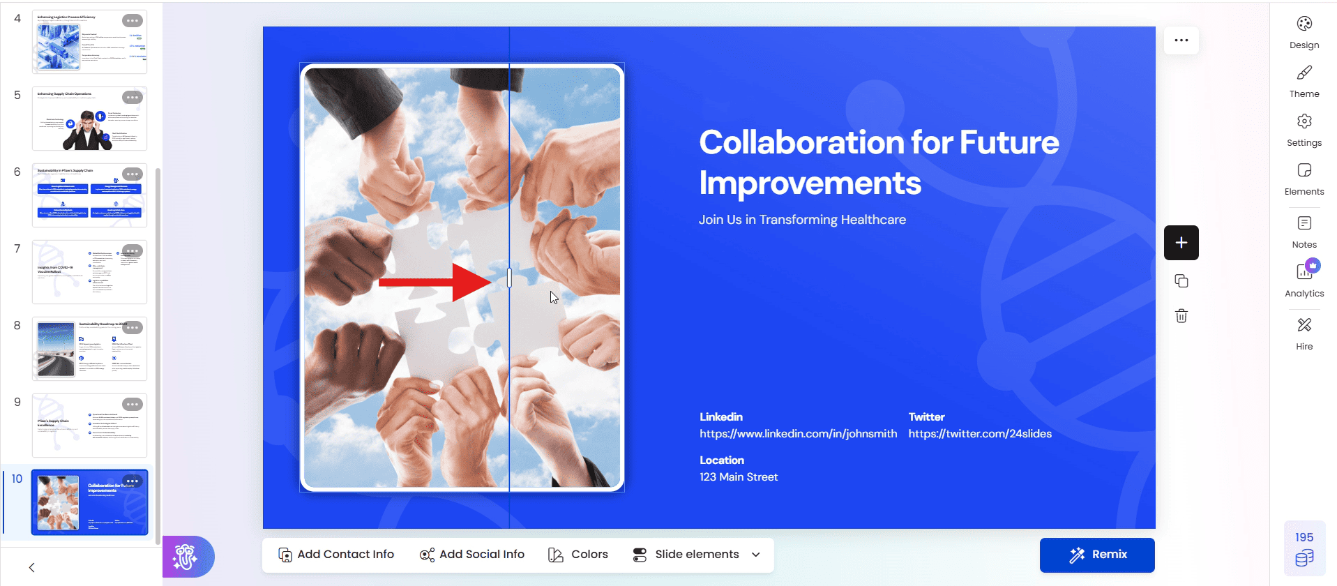 A screenshot demonstrating a user interface bug in Presentations.ai's Smart Layout feature. An alignment guide and resizing handle are shown in the middle of an image, disconnected from any object edge, which highlights the tool's unreliability for precise design control.