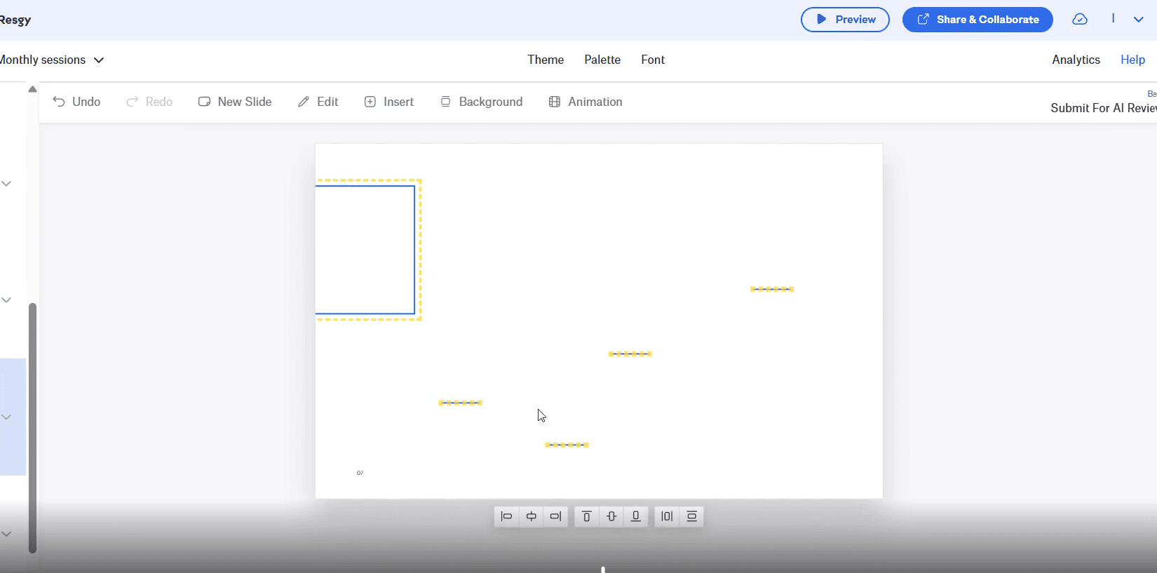 A screenshot from the presentation tool Slidebean showing several horizontal lines on a slide that are clearly misaligned. This image demonstrates a critical failure of the platform's alignment tools, a fundamental feature for professional design.
