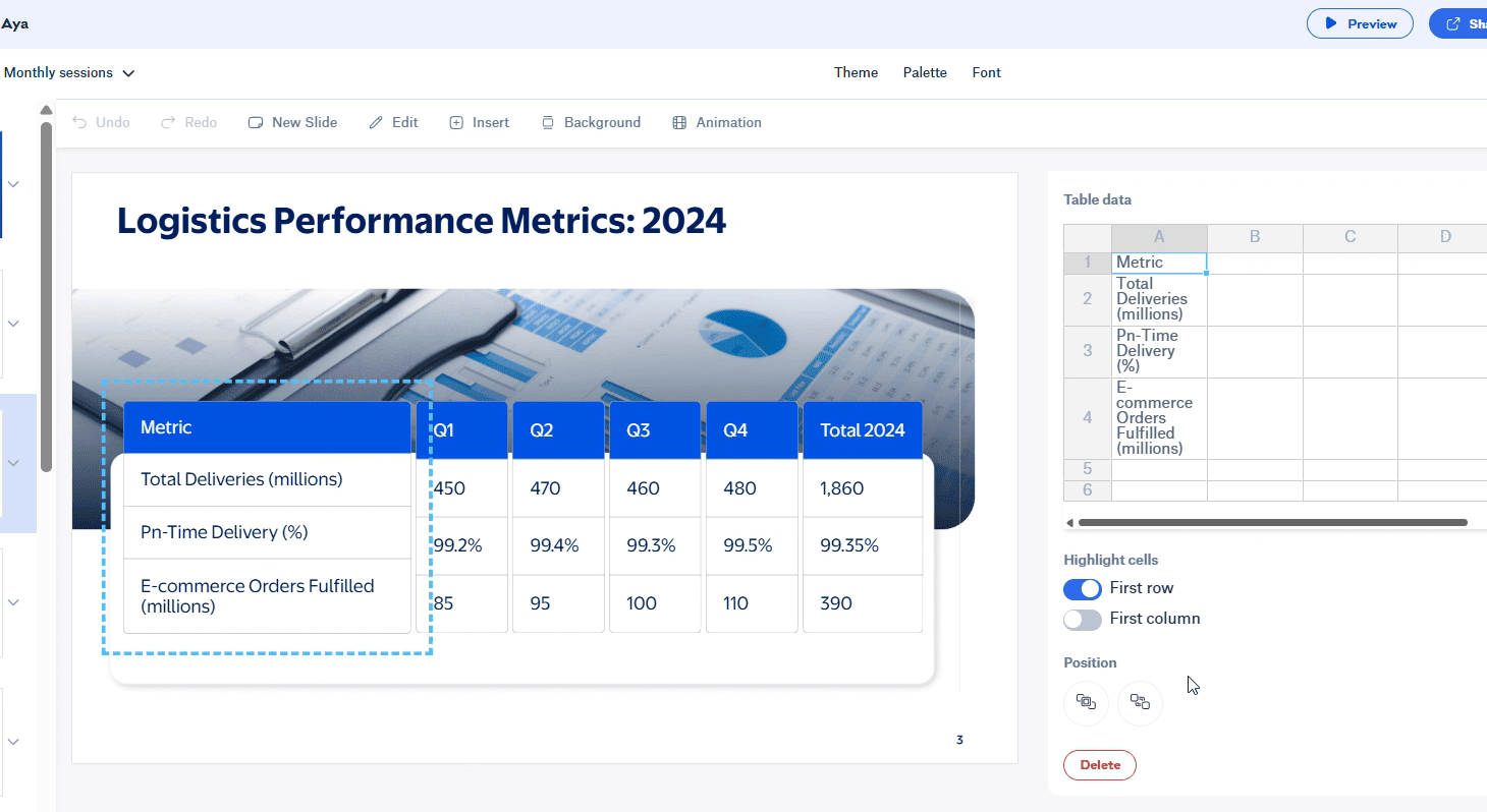 A screenshot showing how user-friendly Slidebean is for data entry, but how it lacks the deep, deep customization tools needed to make charts and tables fully brand-compliant.