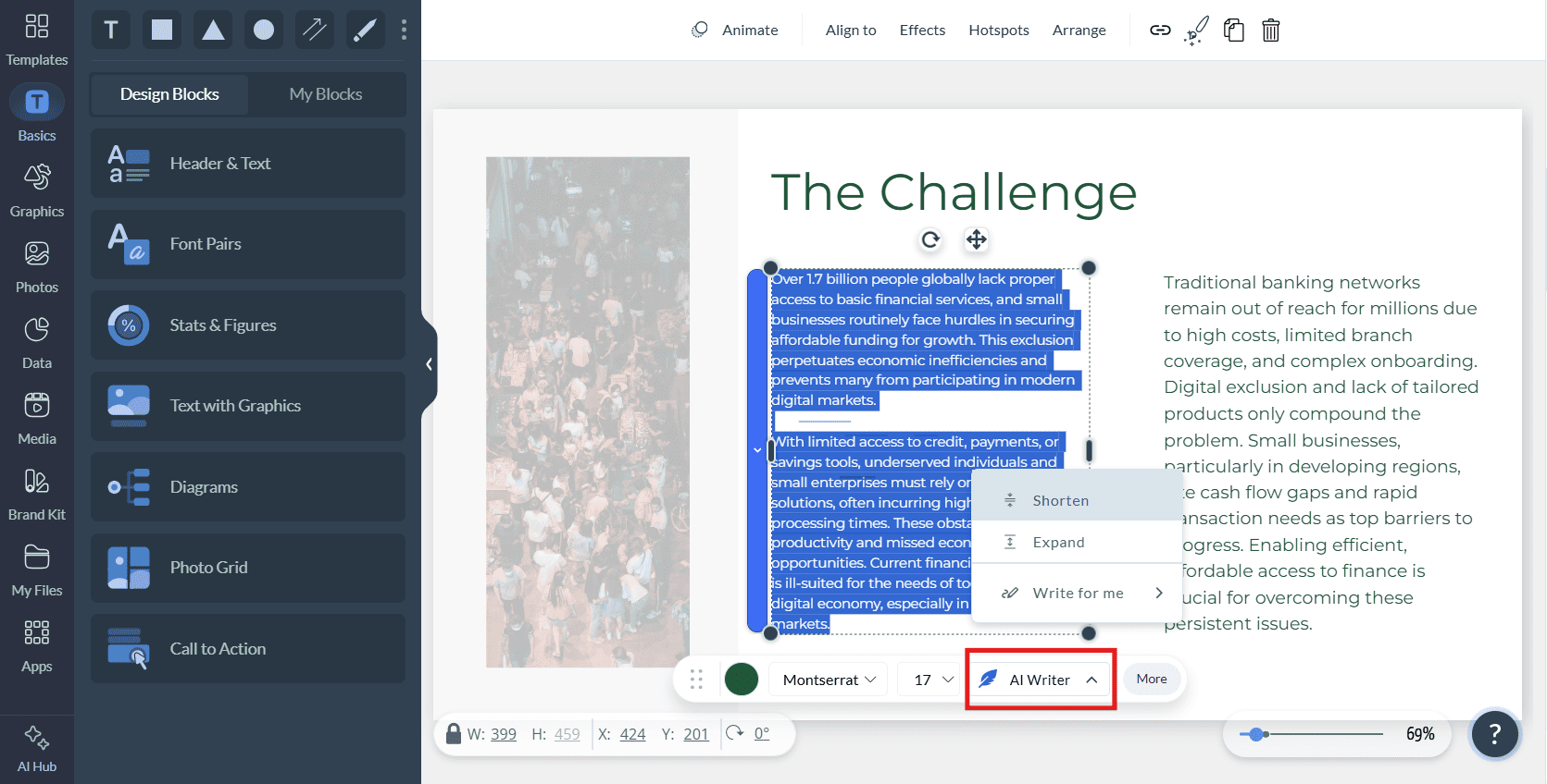 A screenshot of Visme's AI Writer feature in action. A text box is highlighted, and a pop-up menu shows the AI Writer with options like 'Shorten,' 'Expand,' and 'Write for me,' demonstrating the tool's text-editing capabilities.