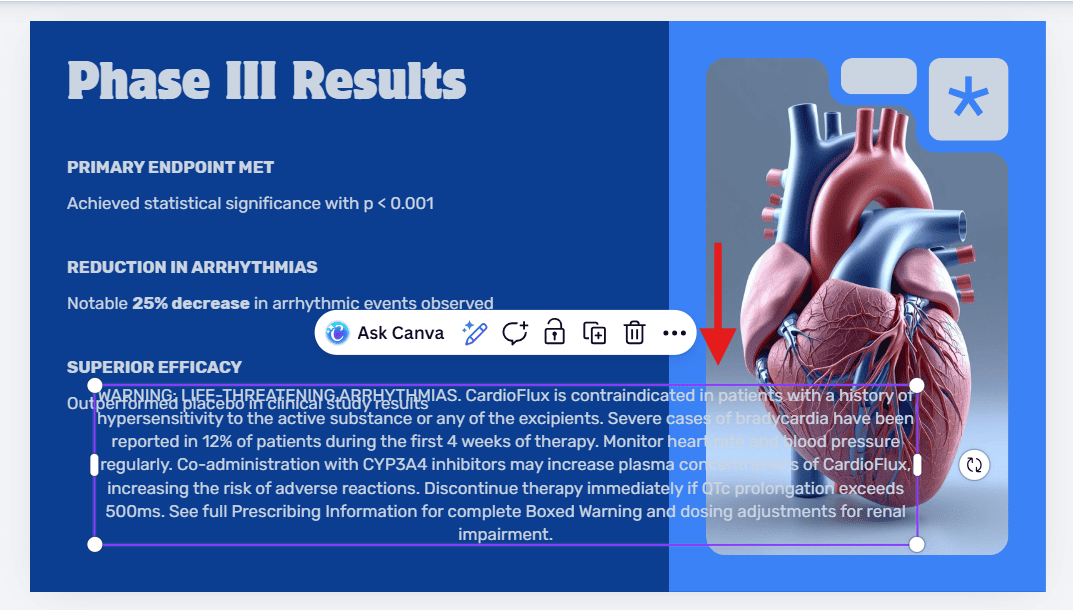 A Canva Magic Design slide displaying a layout failure where a mandatory FDA safety disclaimer overlaps the visual assets and bullet points because the rigid AI template could not adjust for the text volume.