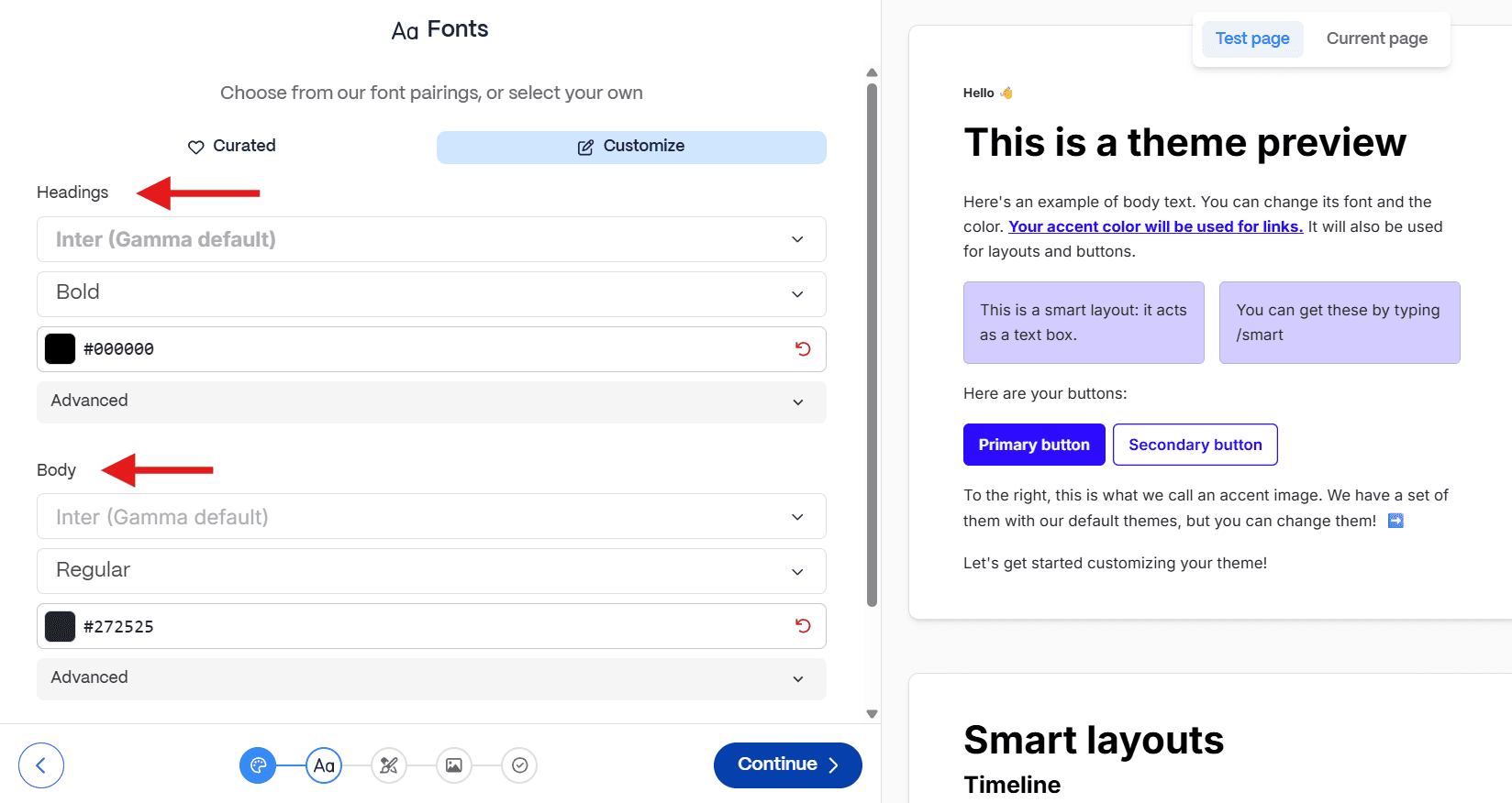 Screenshot of the Gamma AI interface showing font settings restricted to only "Headings" and "Body" options, illustrating the inability to accommodate complex pharmaceutical brand guidelines that require multiple font weights.