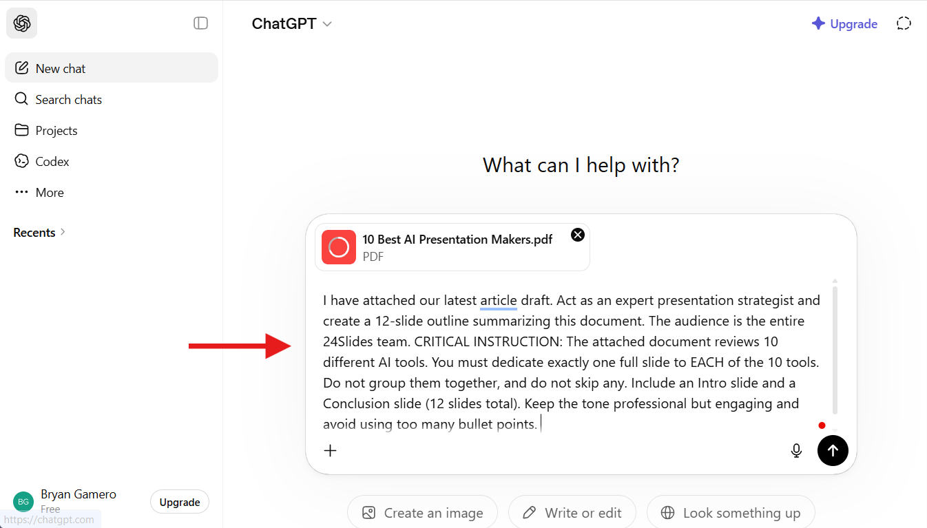 Screenshot of a ChatGPT prompt requesting a 12-slide presentation outline for an article reviewing 10 AI presentation tools, with a red arrow highlighting the detailed instructions section.