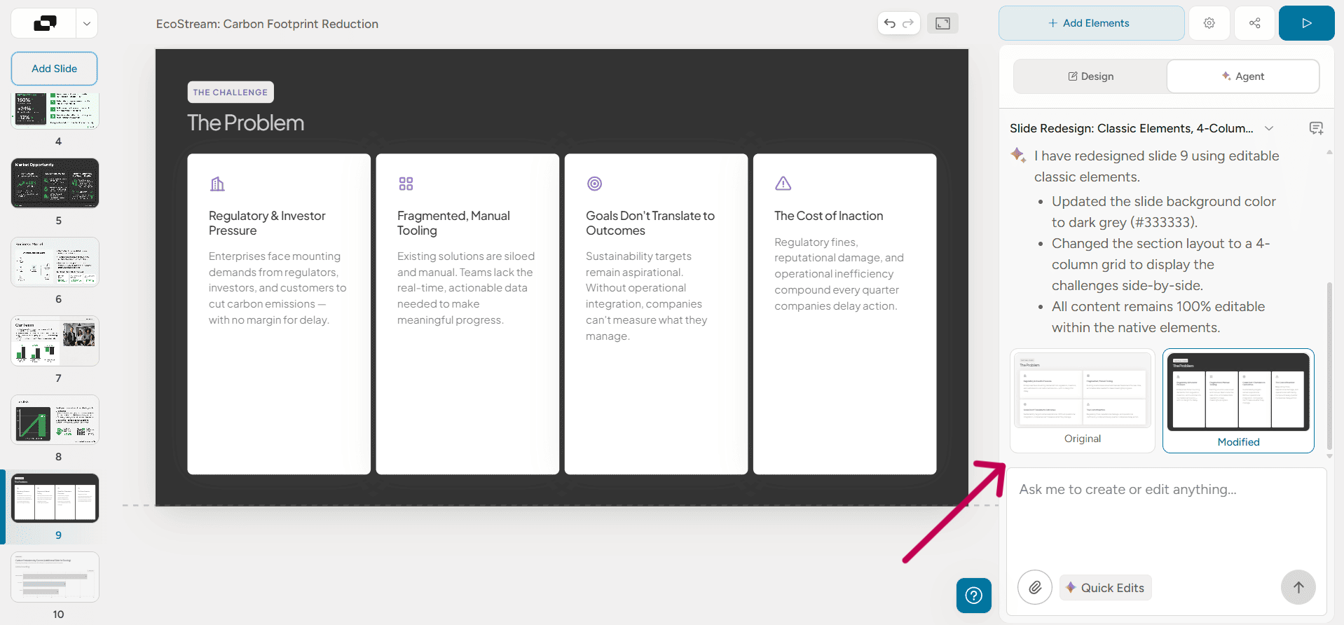 Screenshot of the Alai presentation editor showing the AI Agent successfully redesigning a Classic slide into an editable 4-column dark grey layout.