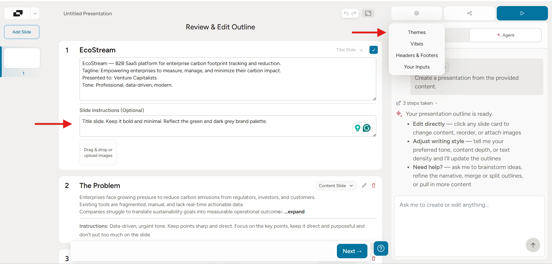Screenshot of the Alai presentation outline editor highlighting the slide instructions feature.