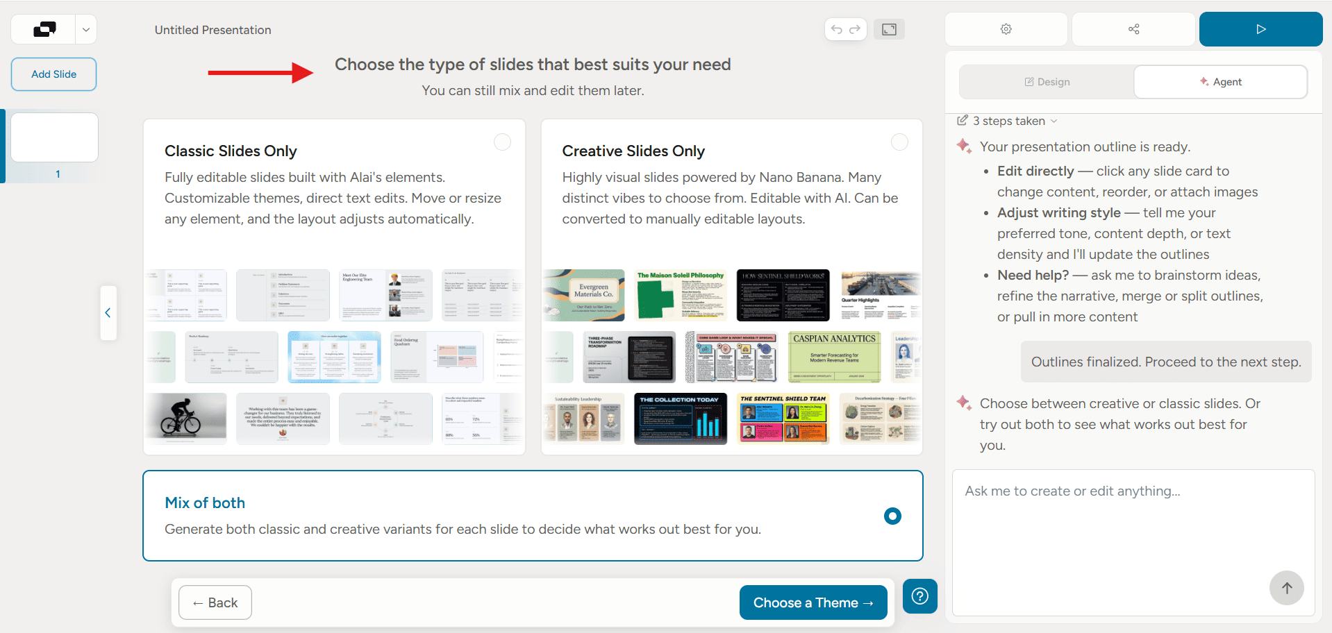Screenshot of the Alai wizard showing the choice between Classic Slides, Creative Slides, or a Mix of both.