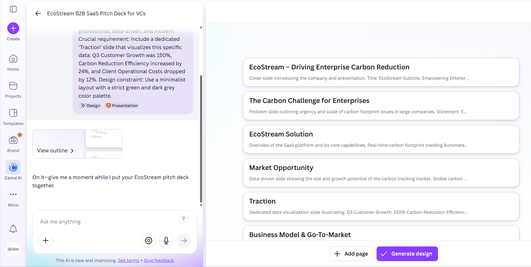 Screenshot of the Canva Magic Design AI chat interface generating a slide-by-slide text outline for the EcoStream benchmark presentation