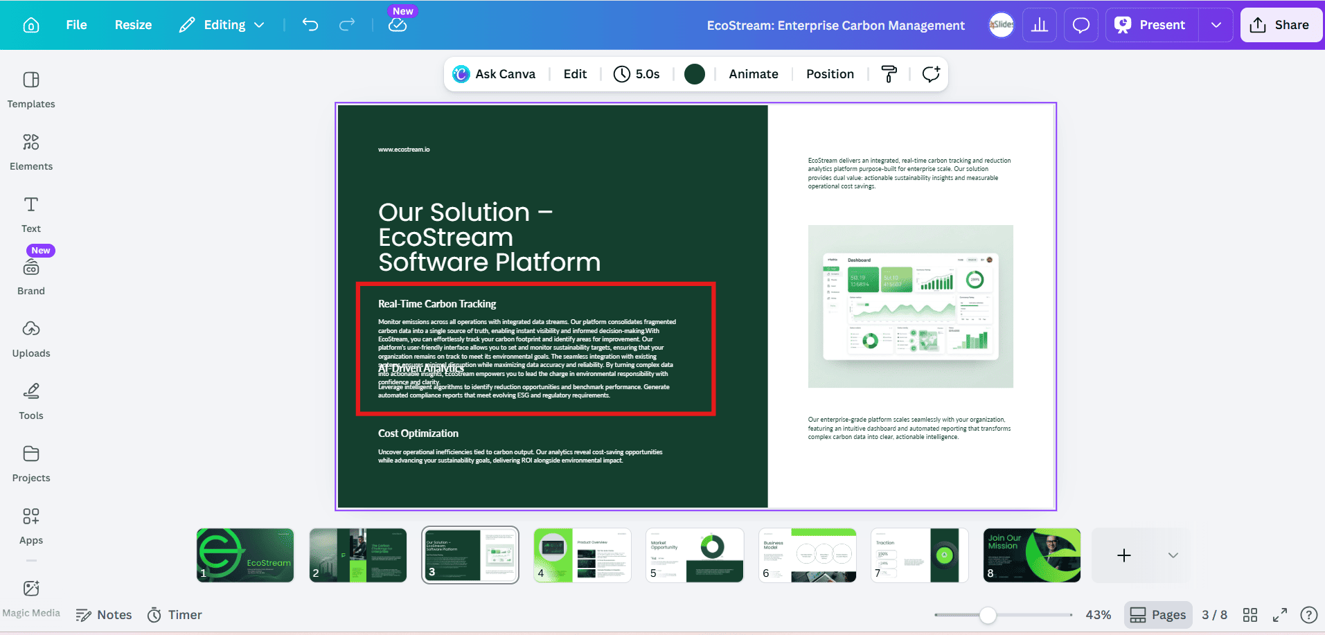 Screenshot of a Canva presentation showing a severe formatting bug where AI-generated text overlaps and becomes illegible within a restricted template box.