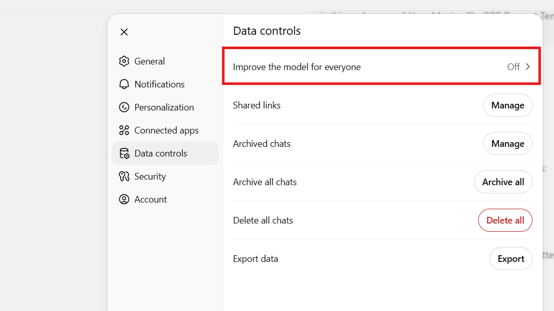 Screenshot of ChatGPT’s Data Controls settings page with the “Improve the model for everyone” option highlighted in red and turned off.