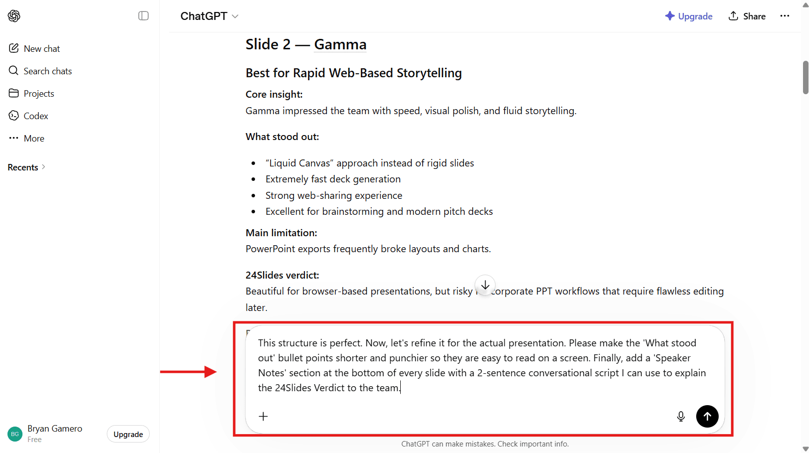 A screenshot of the ChatGPT interface showing a generated presentation outline, with a red arrow pointing to a follow-up prompt used to shorten bullet points and add speaker notes.