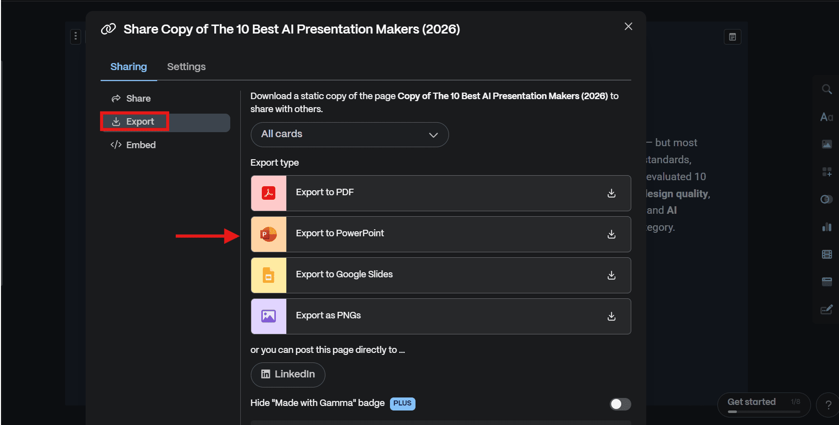 Screenshot of Gamma’s export menu showing options to export an AI-generated presentation to PDF, PowerPoint, Google Slides, or PNG format, with the PowerPoint export option highlighted.