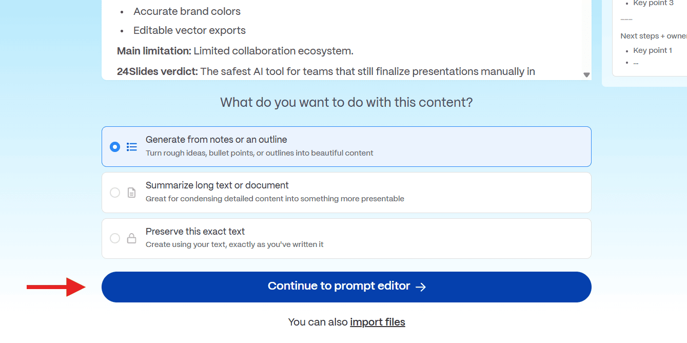 Gamma App interface showing the "Generate from notes or an outline" option selected, with a red arrow pointing to the Continue to prompt editor button.