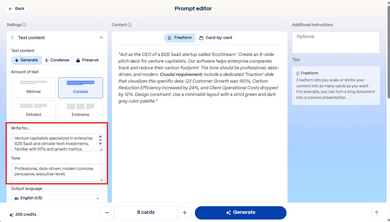Screenshot of the Gamma AI presentation maker prompt editor showing the EcoStream benchmark test, highlighting how the AI automatically extracted the target audience and tone.