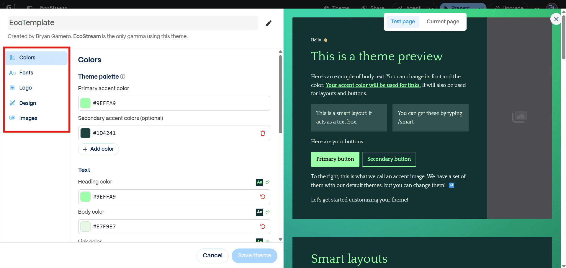Screenshot of Gamma's custom theme editor, showing a designer manually inputting exact corporate hex codes to align the presentation with strict brand guidelines.