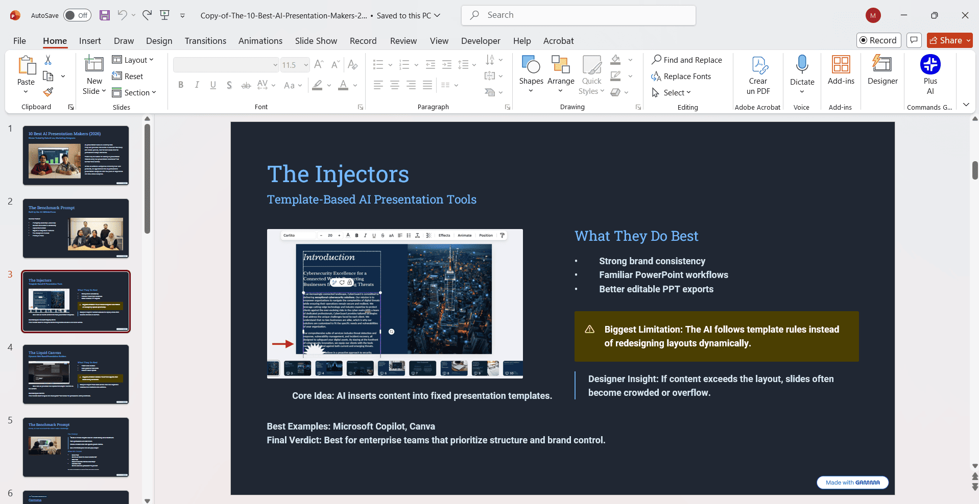 An AI-generated presentation about presentation makers, successfully exported from Gamma and opened as a fully editable .pptx file natively inside Microsoft PowerPoint.