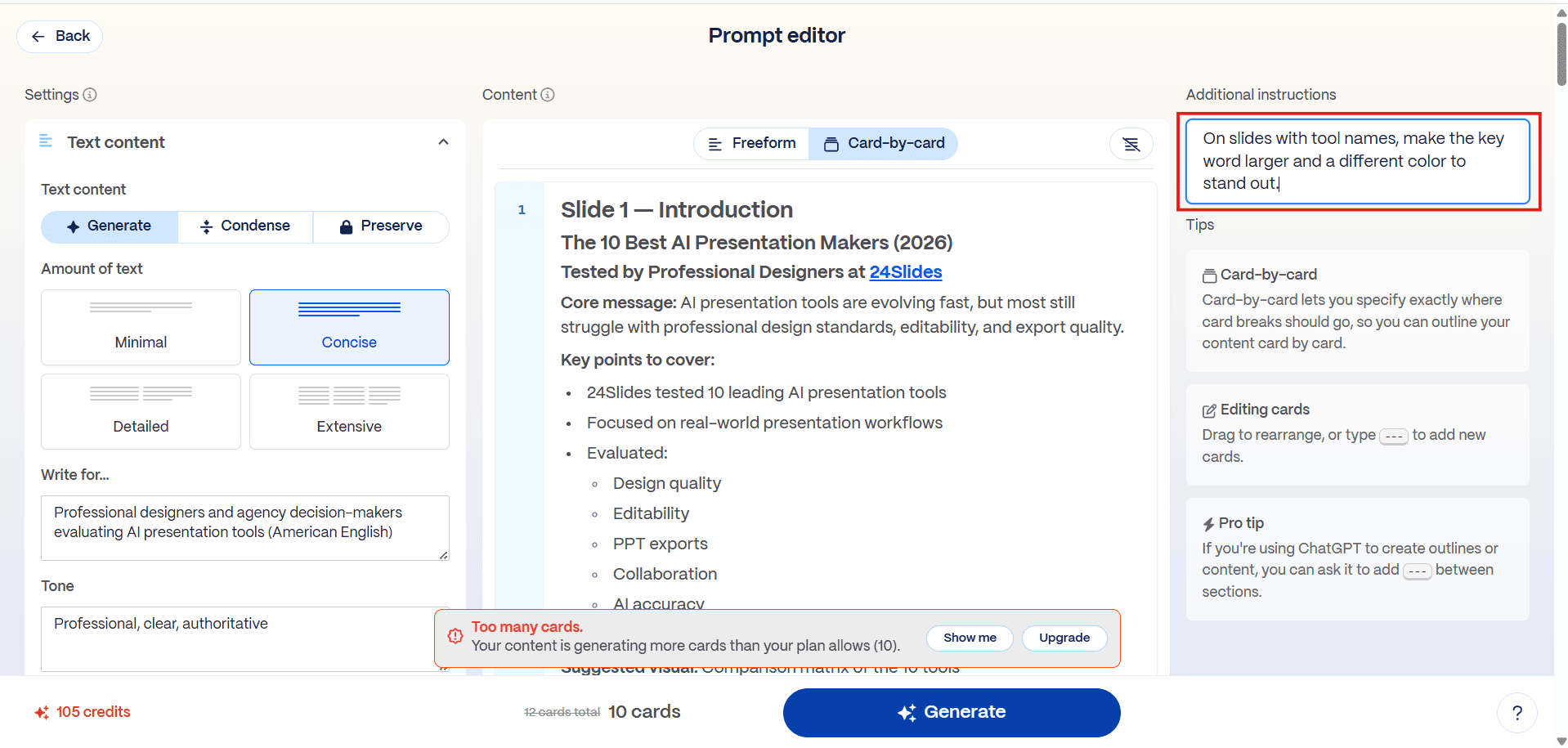 The Gamma prompt editor interface showing text settings set to concise, the pasted ChatGPT presentation outline, and custom design rules entered in the additional instructions box.