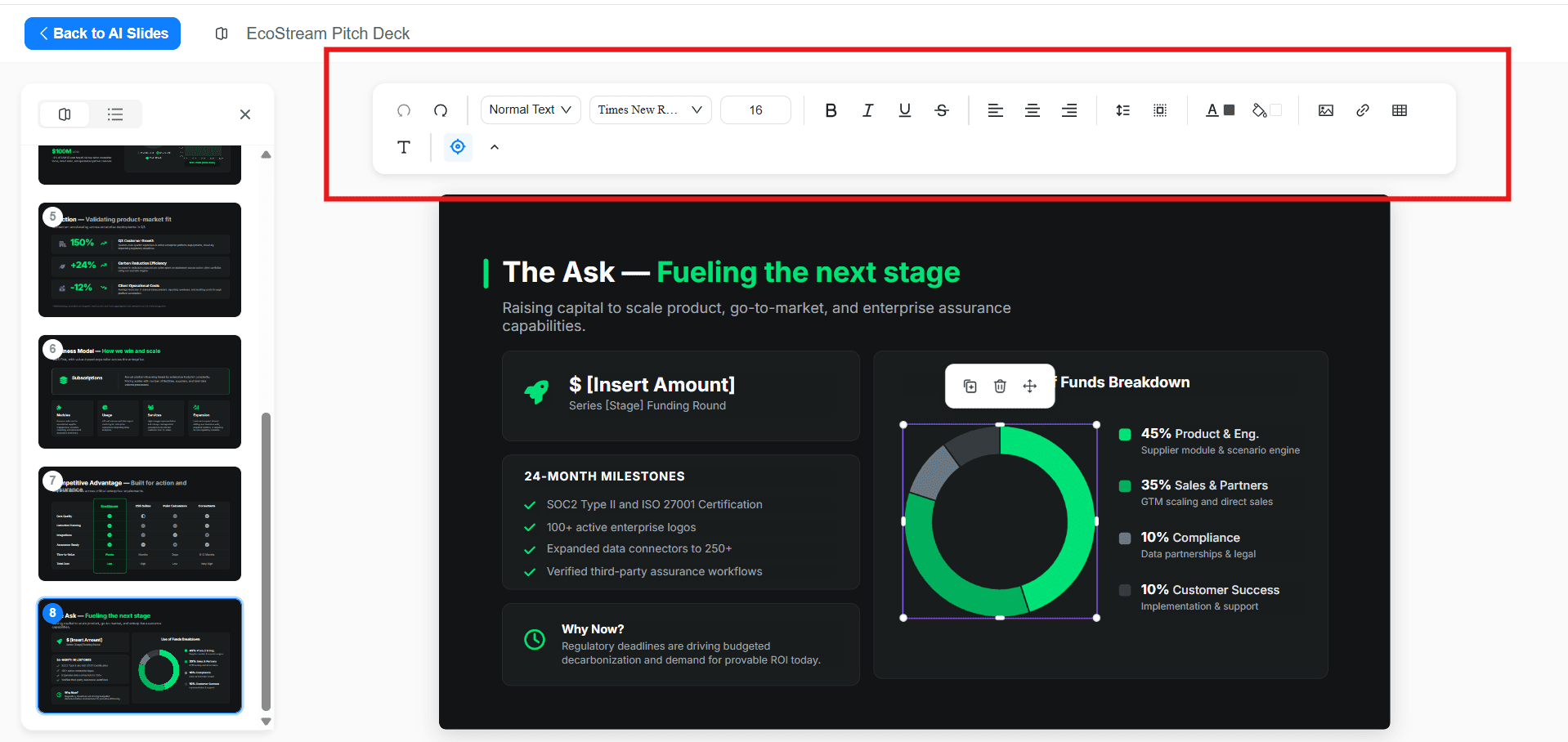 GenSpark presentation editor displaying the EcoStream pitch deck with a selected chart element and a floating text-formatting toolbar for manually editing fonts, alignment, and styling options.