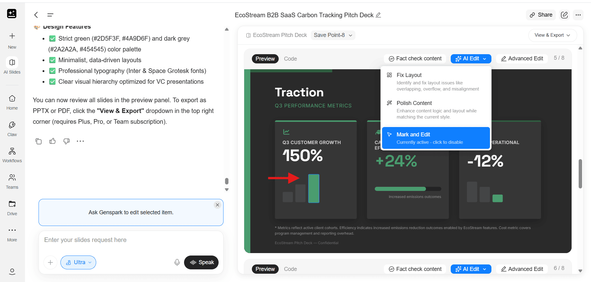 Screenshot of the GenSpark AI presentation editor showing the 'Mark and Edit' feature being used to specifically target a green bar chart on an EcoStream slide.