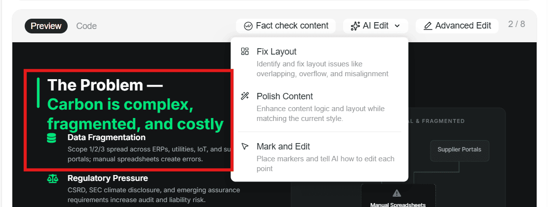 Screenshot of the GenSpark AI slides interface showing the Fact Check Content button and the AI Edit dropdown menu with Auto and Custom polish options.