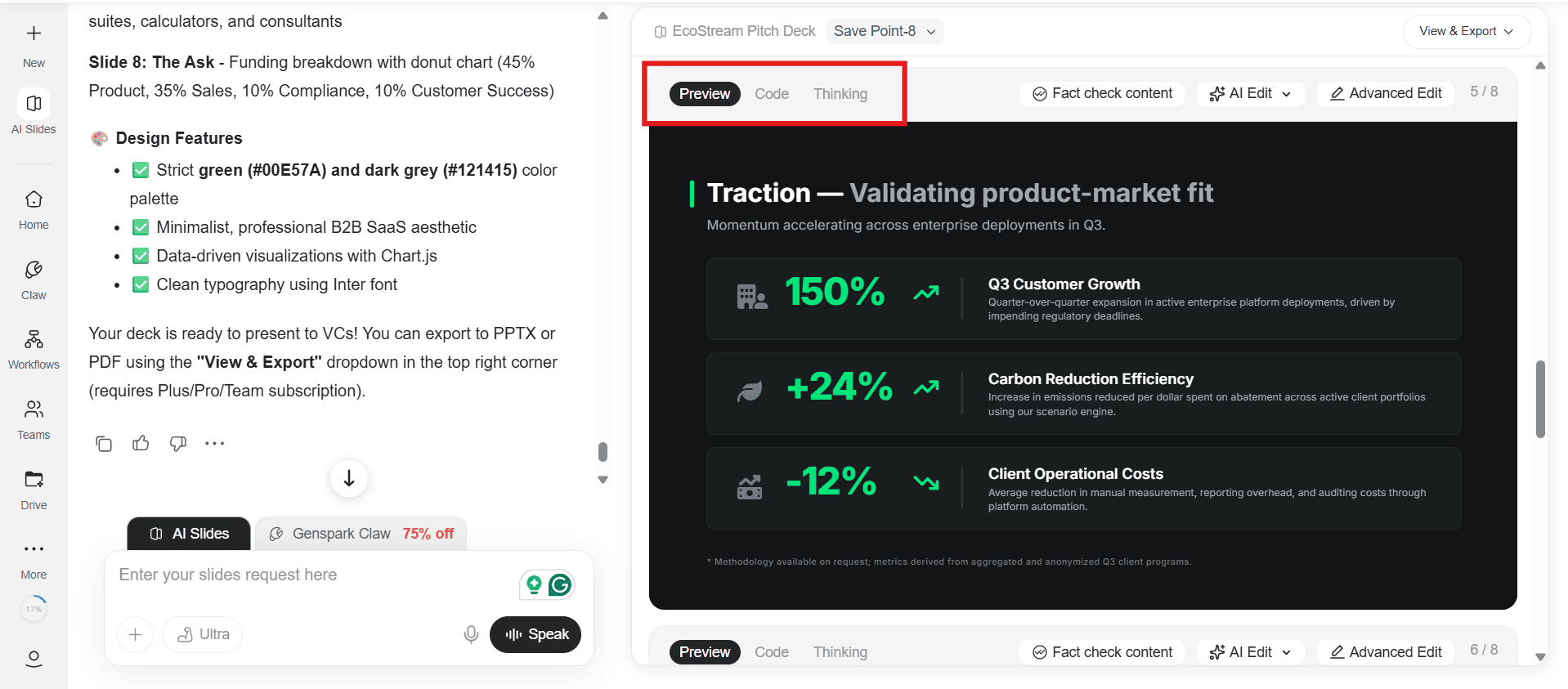 GenSpark AI Slides interface showing Preview, Code, and Thinking views with a traction slide generated from the EcoStream benchmark prompt