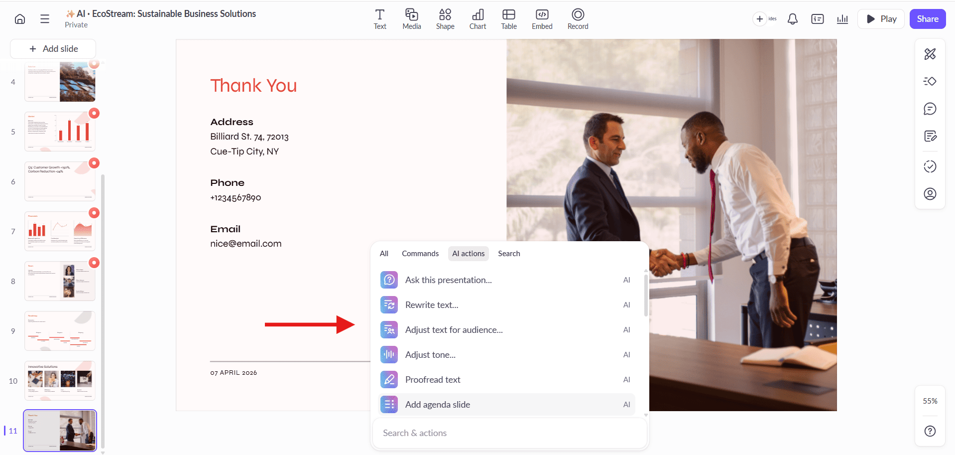 Screenshot of the Pitch presentation editor showing a dropdown menu of pre-established AI commands instead of a conversational chatbot.