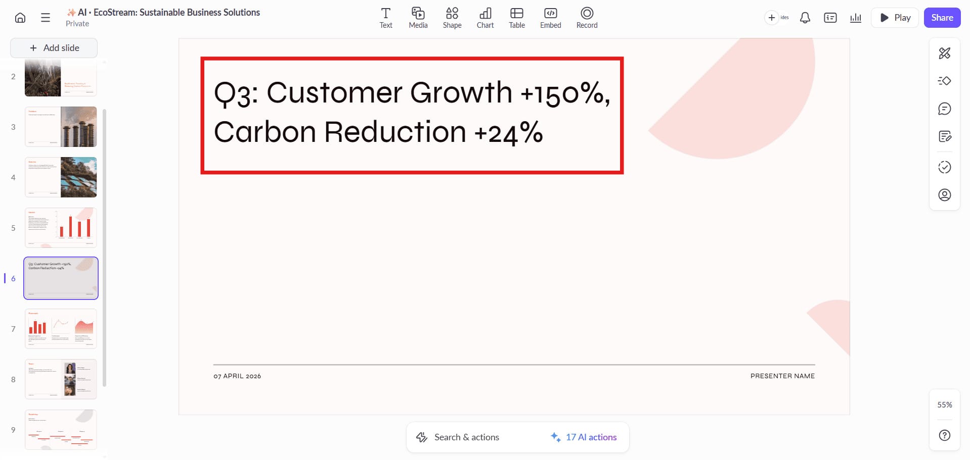 Raw output of a Pitch AI generated slide showing a failure to visualize data, placing the requested metrics as plain text in the title instead of generating a chart.