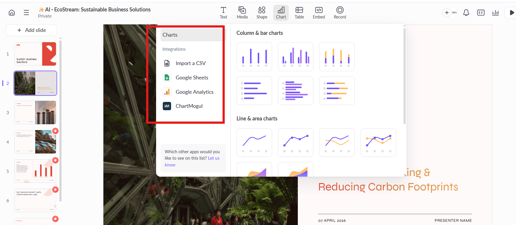 Screenshot of the Pitch media menu highlighting deep, native integrations with Google Sheets and Google Analytics for data visualization.